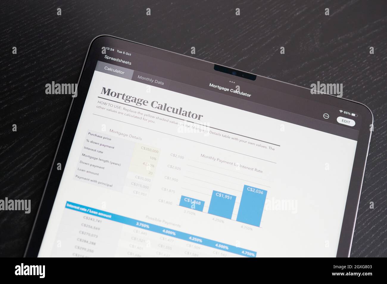New york, USA - October 5 2021: Mortgage calculator spreadsheet charts on tablet screen close up view Stock Photo