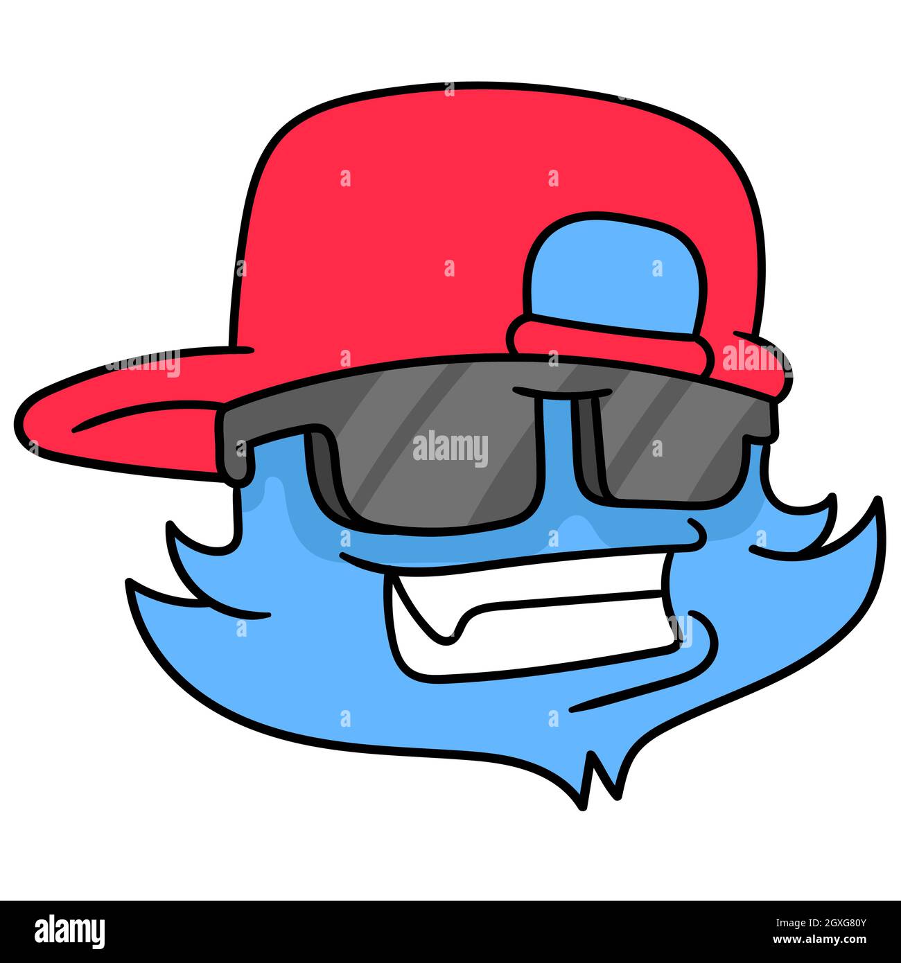 the head of a cute cool faced creature wears an upside down hat and