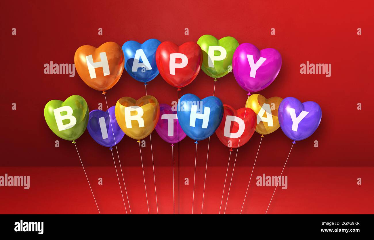 Colorful happy birthday heart shape air balloons on a red background ...