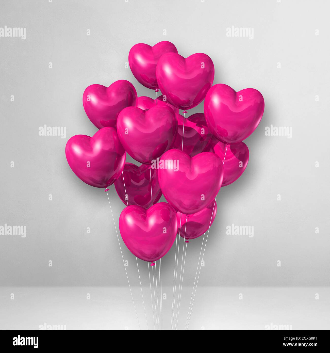 Pink heart shape balloons bunch on a white wall background. 3D ...
