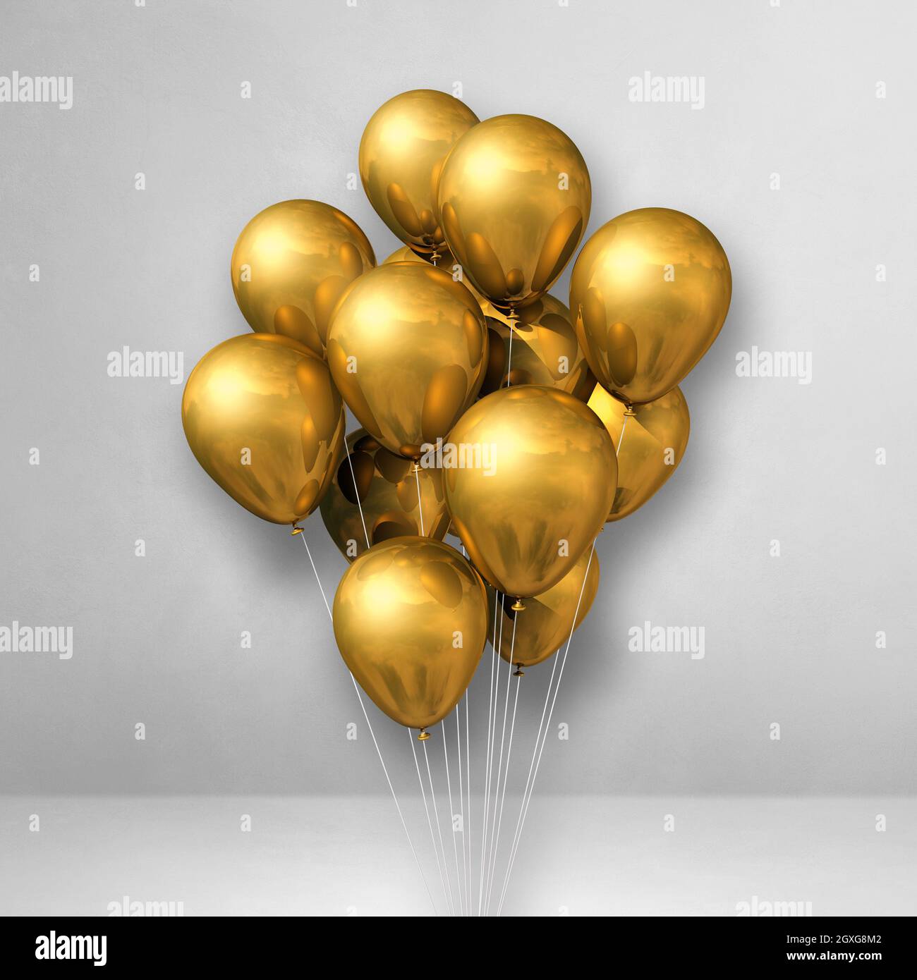 Gold balloons bunch on a white wall background. 3D illustration render ...