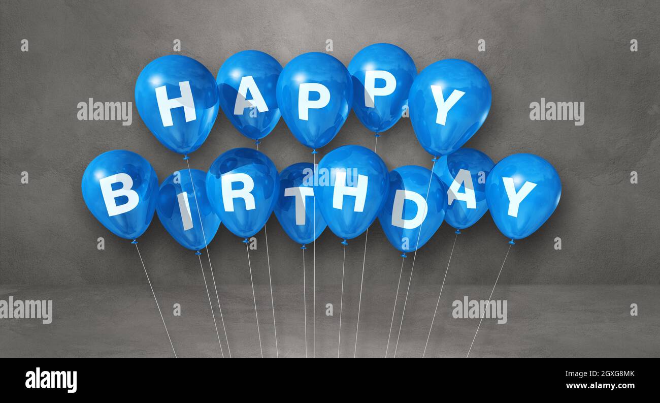 Blue happy birthday air balloons on a grey background scene. Horizontal ...