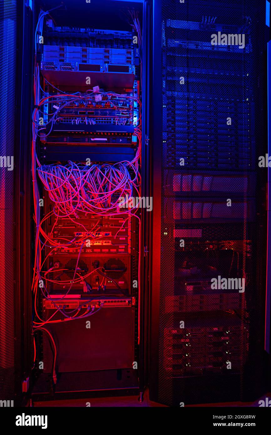 Shot image of network cables and switch in mining center Stock Photo