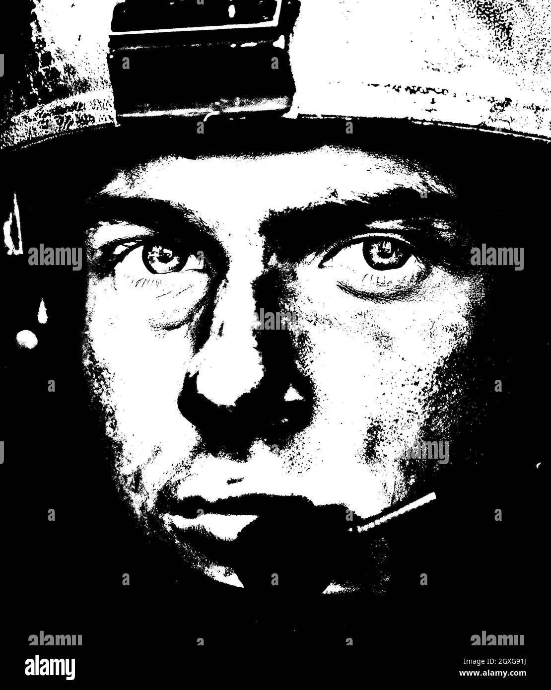 Smoked face of US Army Ranger wearing combat helmet. Closeup portrait