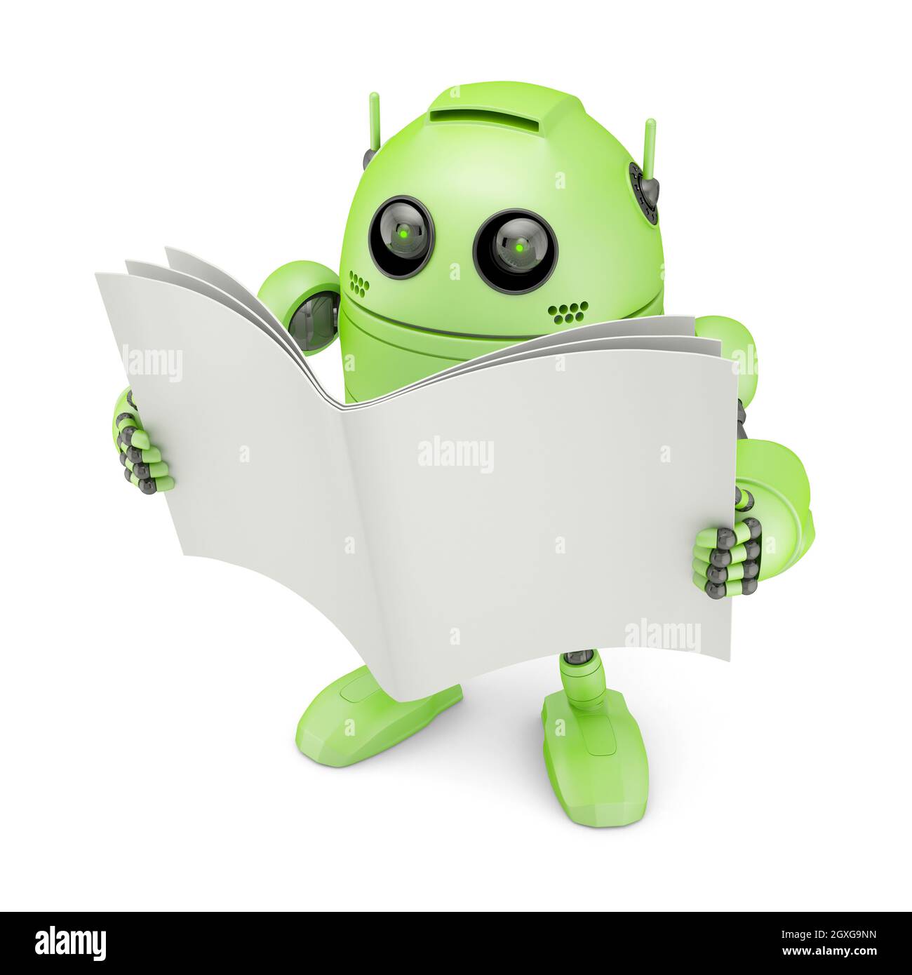 Robot with blank book. Isolated on white Stock Photo