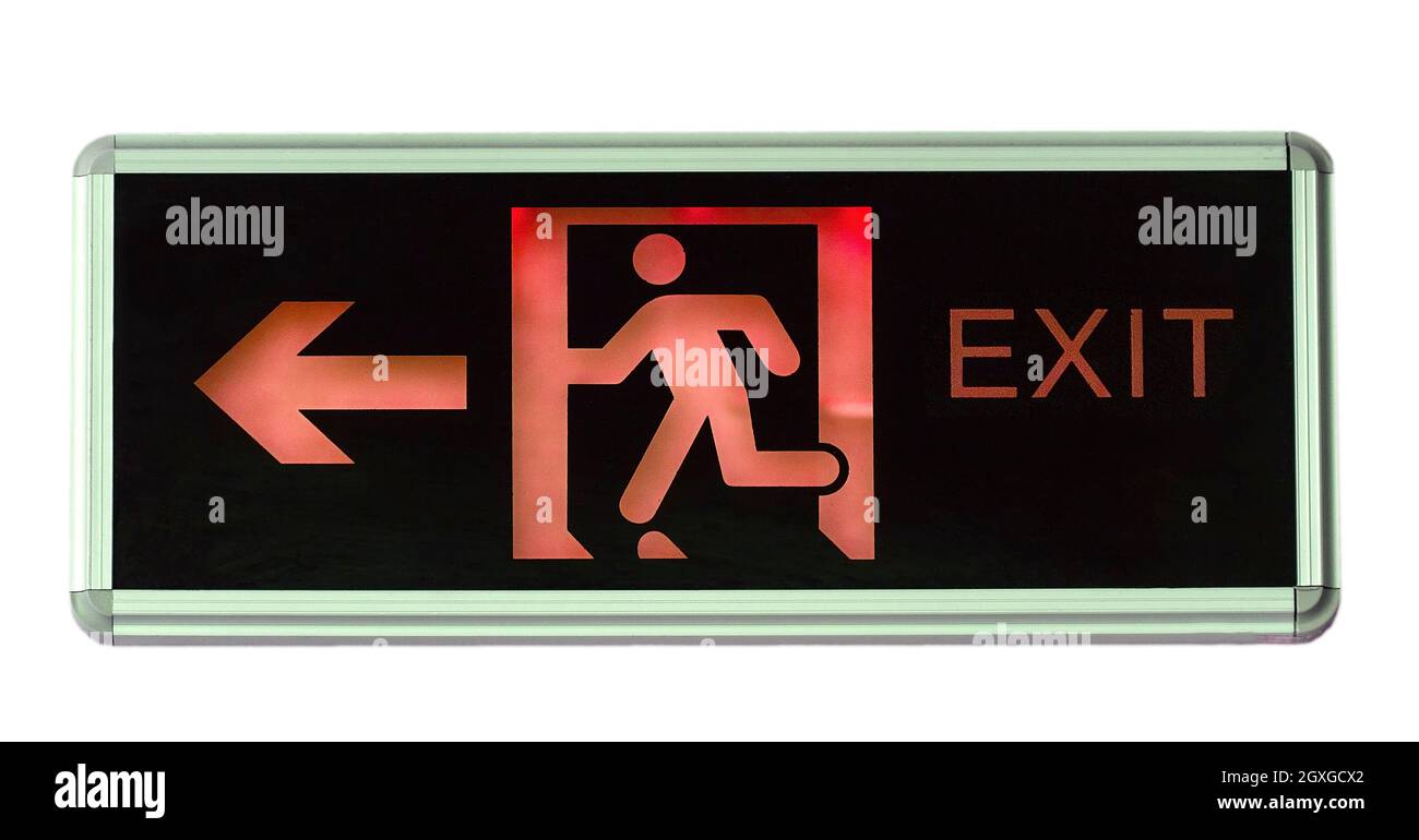 The Illuminated red emergency exit sign. Close up Stock Photo - Alamy