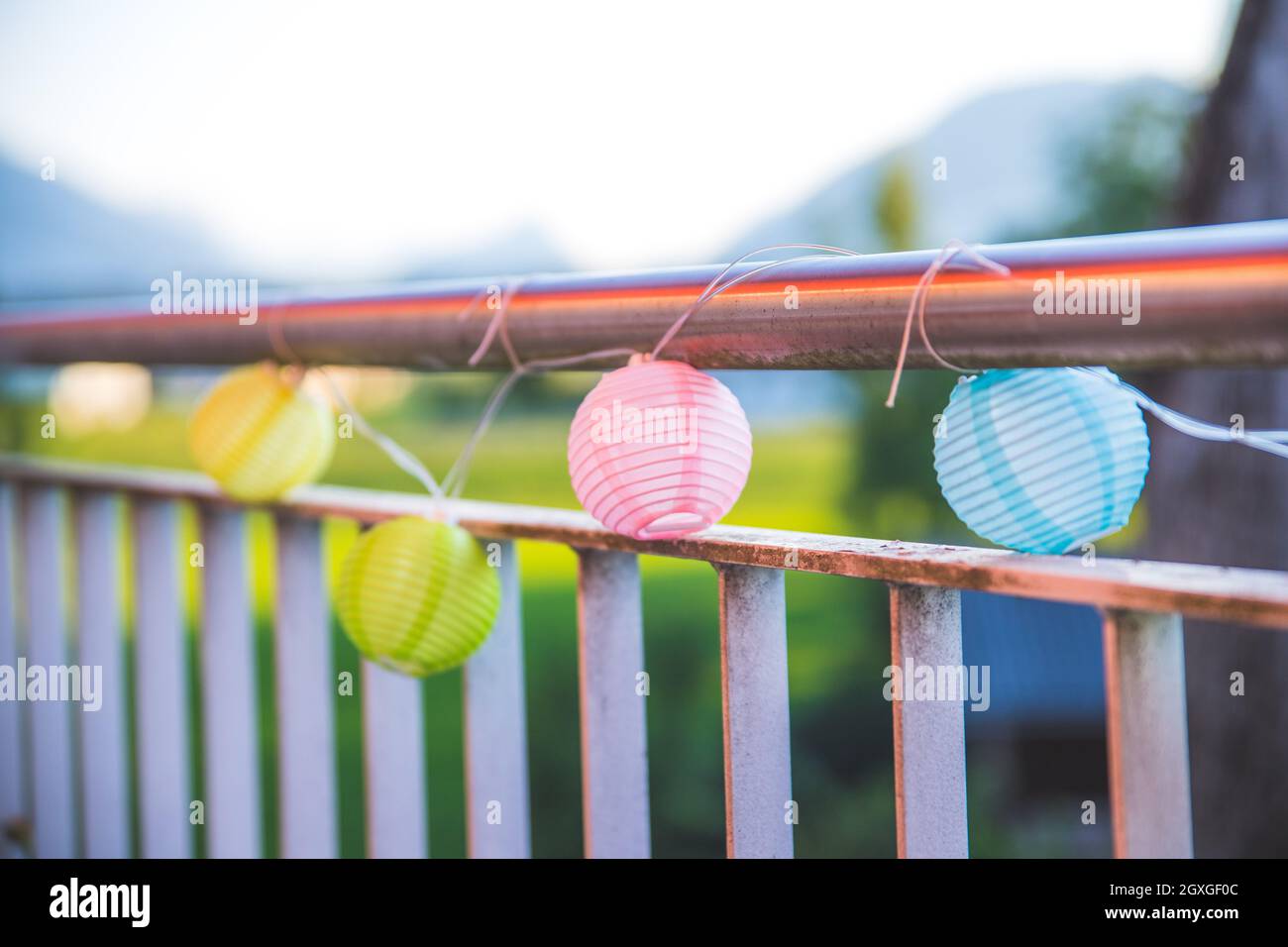 Colorful lampions outside, evening, garden party Stock Photo Alamy