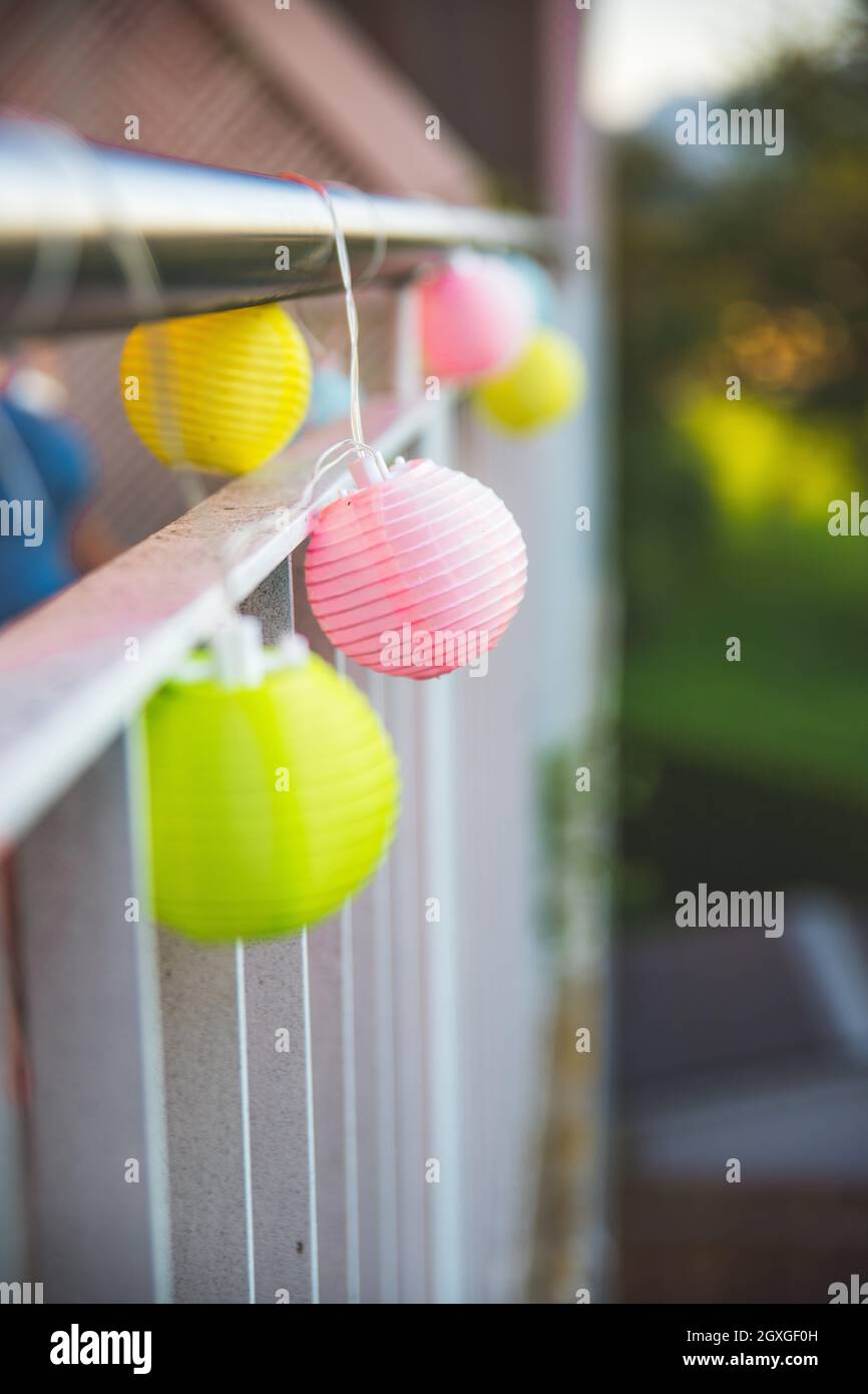 Colorful lampions outside, evening, garden party Stock Photo Alamy