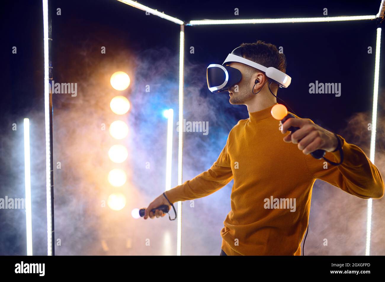 Luminus Vr Gamer plays the game using virtual reality headset and gamepad in ...