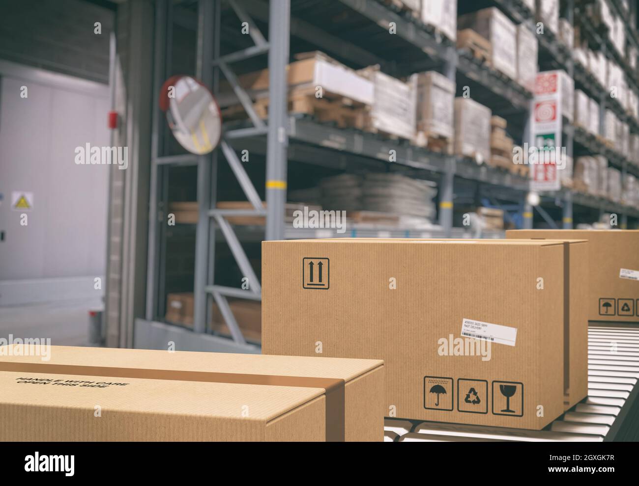 Cardboard boxes on conveyor roller with racks on background Stock Photo ...