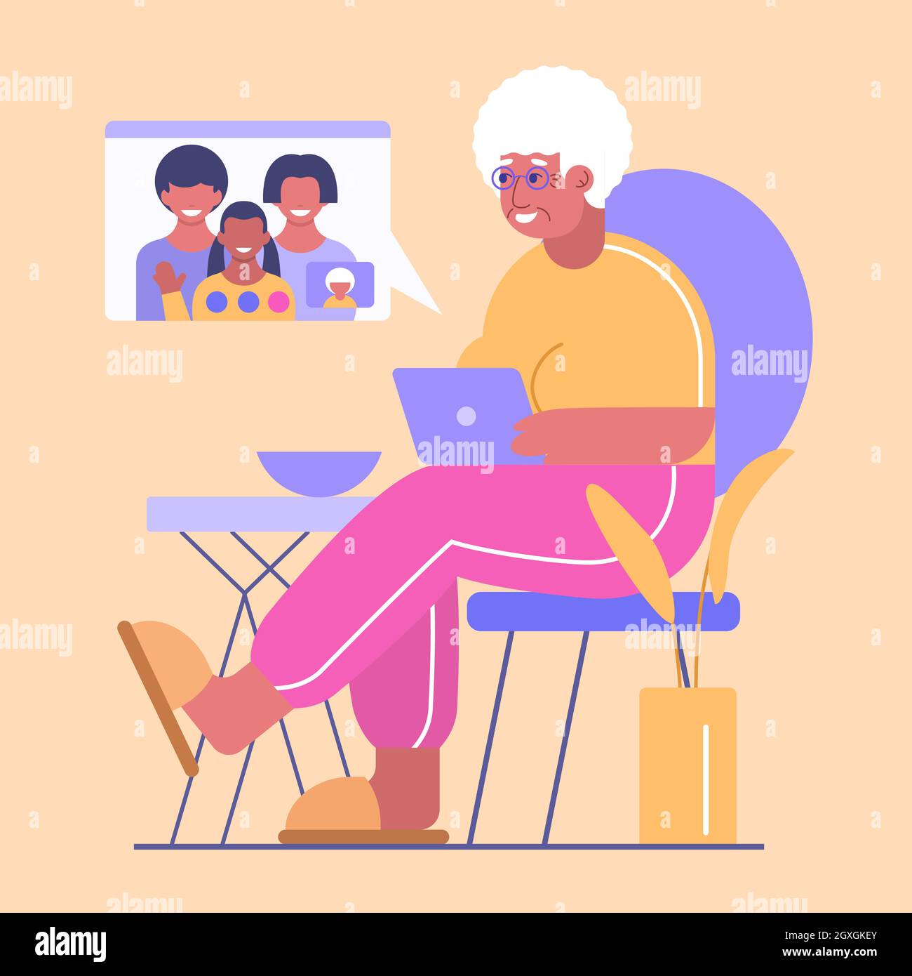 Happy grandma with laptop has communication with her family by video call. Granny has online chat with and grandchild Stock Vector