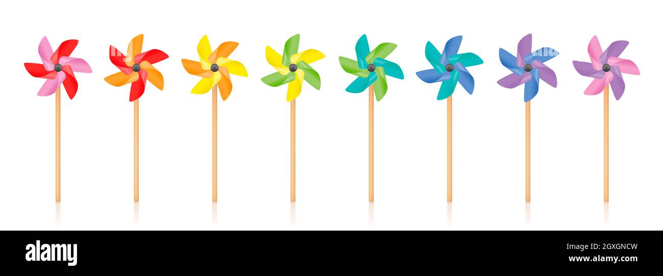 Pinwheels - colored pinwheel set, spinning toy with wooden stick - illustration on white background. Stock Photo