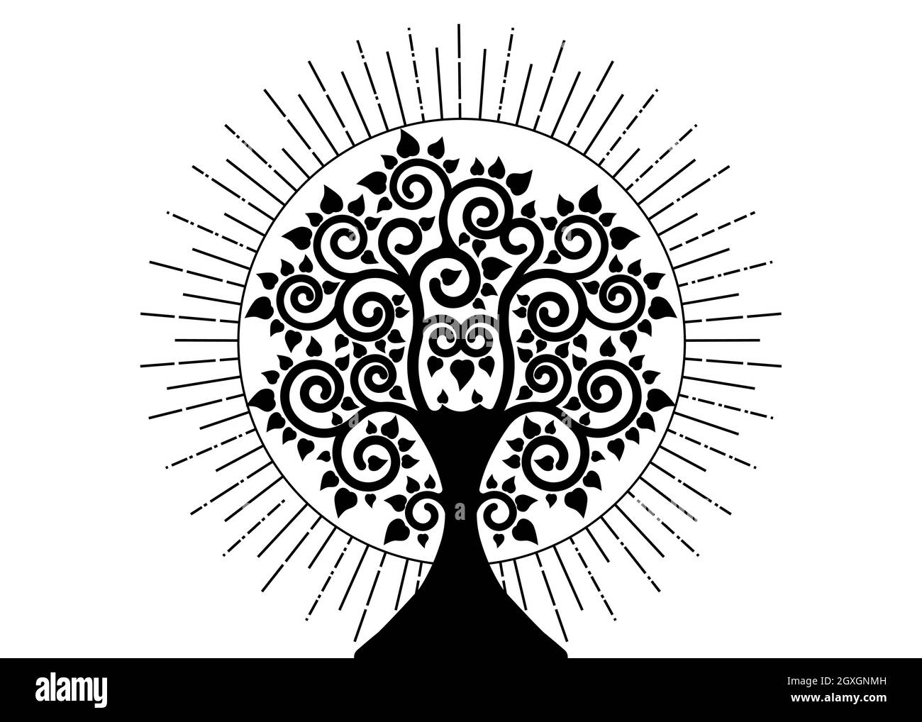 The Bodhi tree logo template, Tree of life concept, Sacred tree, Ficus religiosa, Vesak day silhouette icon, symbol that uses Buddhism, vector isolate Stock Vector