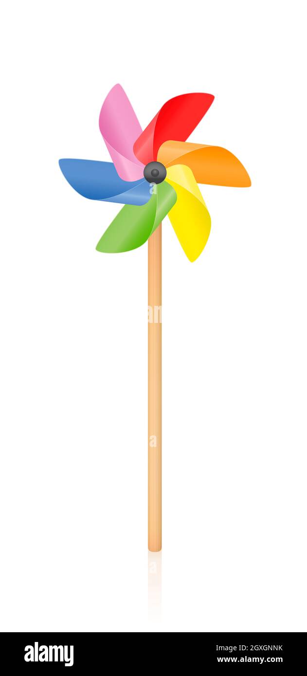 Colorful pinwheel, spinning toy with wooden stick - illustration on white background. Stock Photo