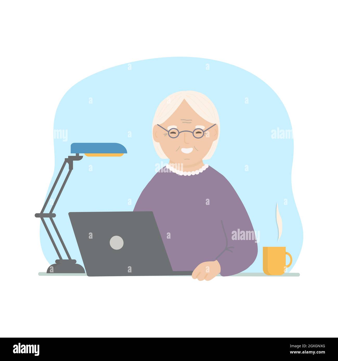 Happy grandma with laptop. Vector hand drawn illustration. Stock Vector