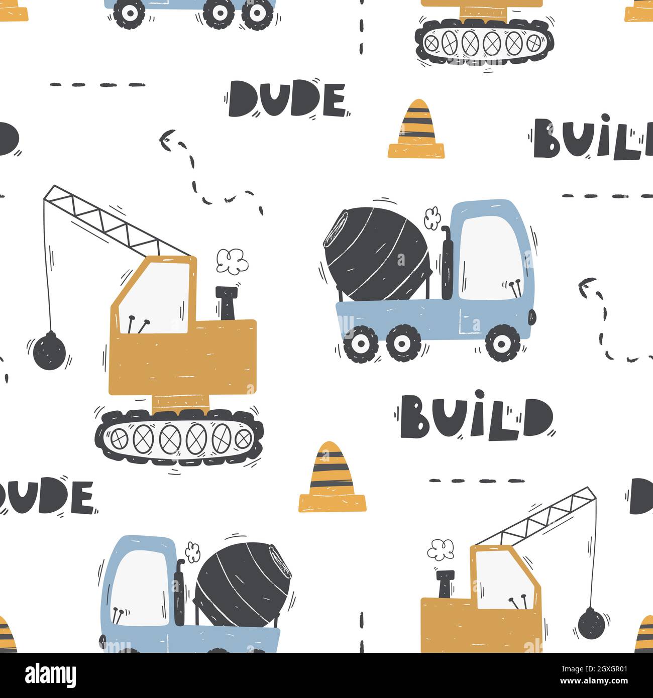 Cute children's seamless pattern with trucks and diggers in Scandinavian style on a white background. Building equipment. Funny construction transport Stock Vector