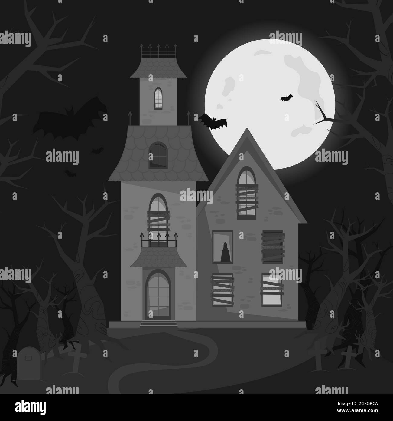 Scary haunted house, Halloween horror house. Vector illustration in flat style. black and white Stock Vector