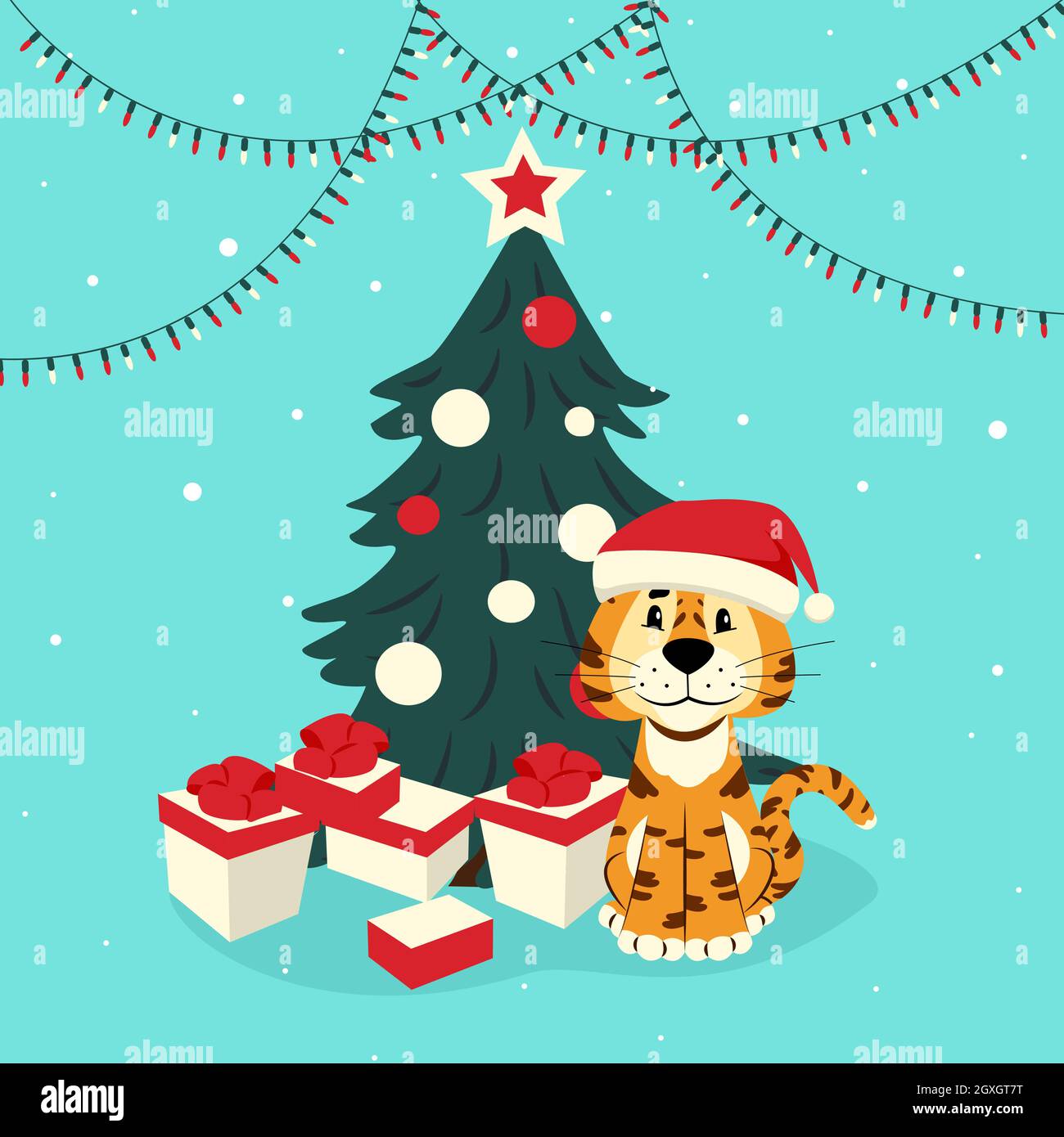 Cute tiger in a santa hat near the 