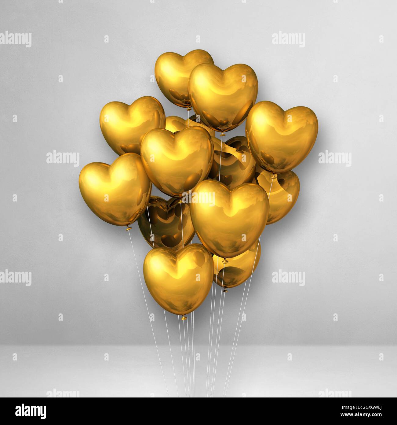 Gold heart shape balloons bunch on a white wall background. 3D ...
