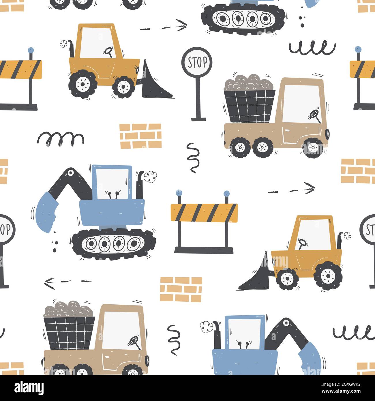 Cute children's seamless pattern with trucks and diggers in Scandinavian style on a white background. Building equipment. Funny construction transport Stock Vector
