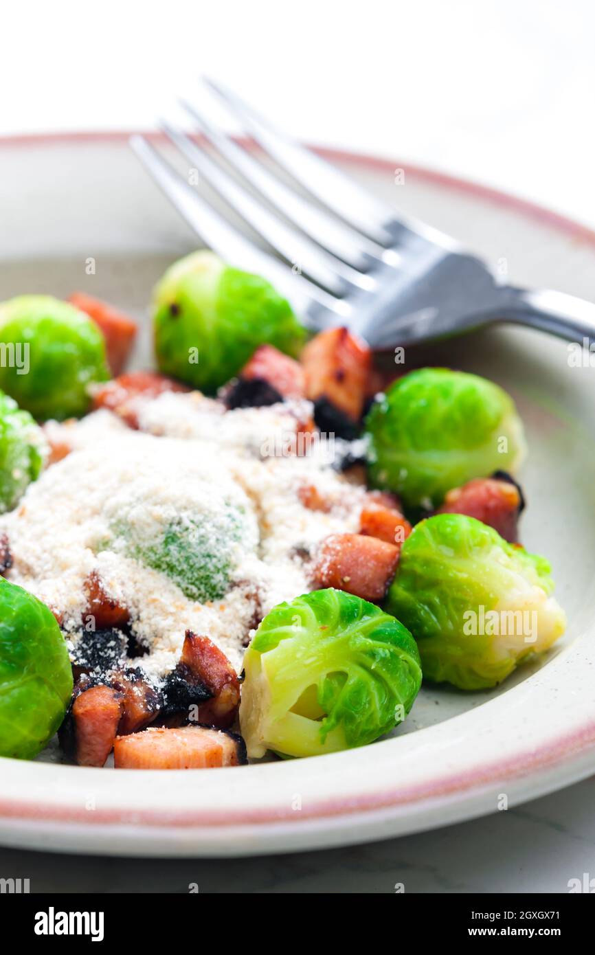 brussels sprout with bacon and parmesan cheese Stock Photo Alamy