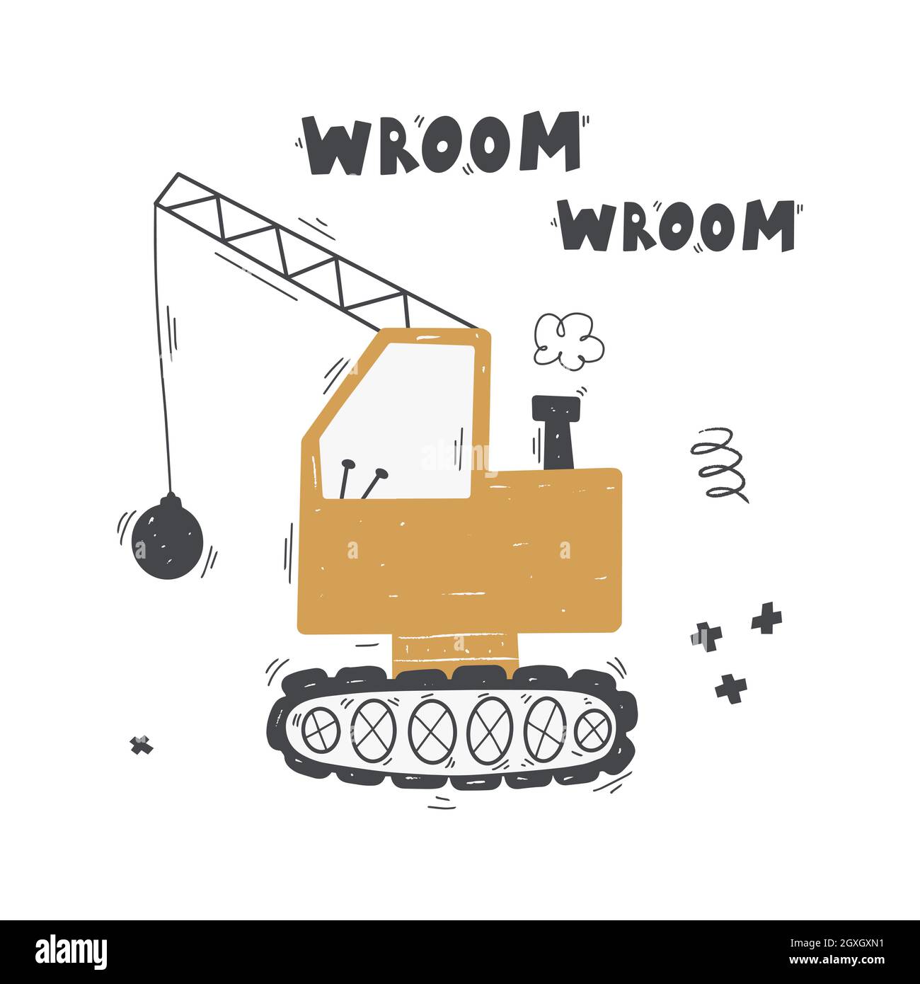 Cute cartoon yellow construction vehicle for the demolition of the building with lettering - wroom wroom. Stock Vector