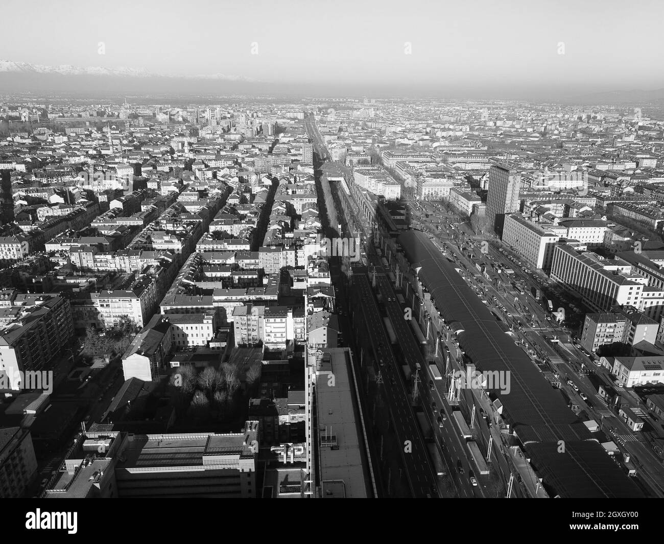 Aerial view of the city of Turin, Italy in black and white Stock Photo ...
