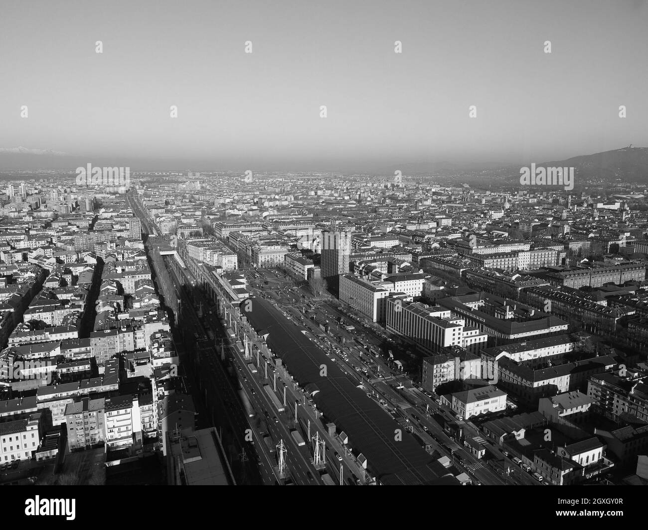 Aerial view of the city of Turin, Italy in black and white Stock Photo ...