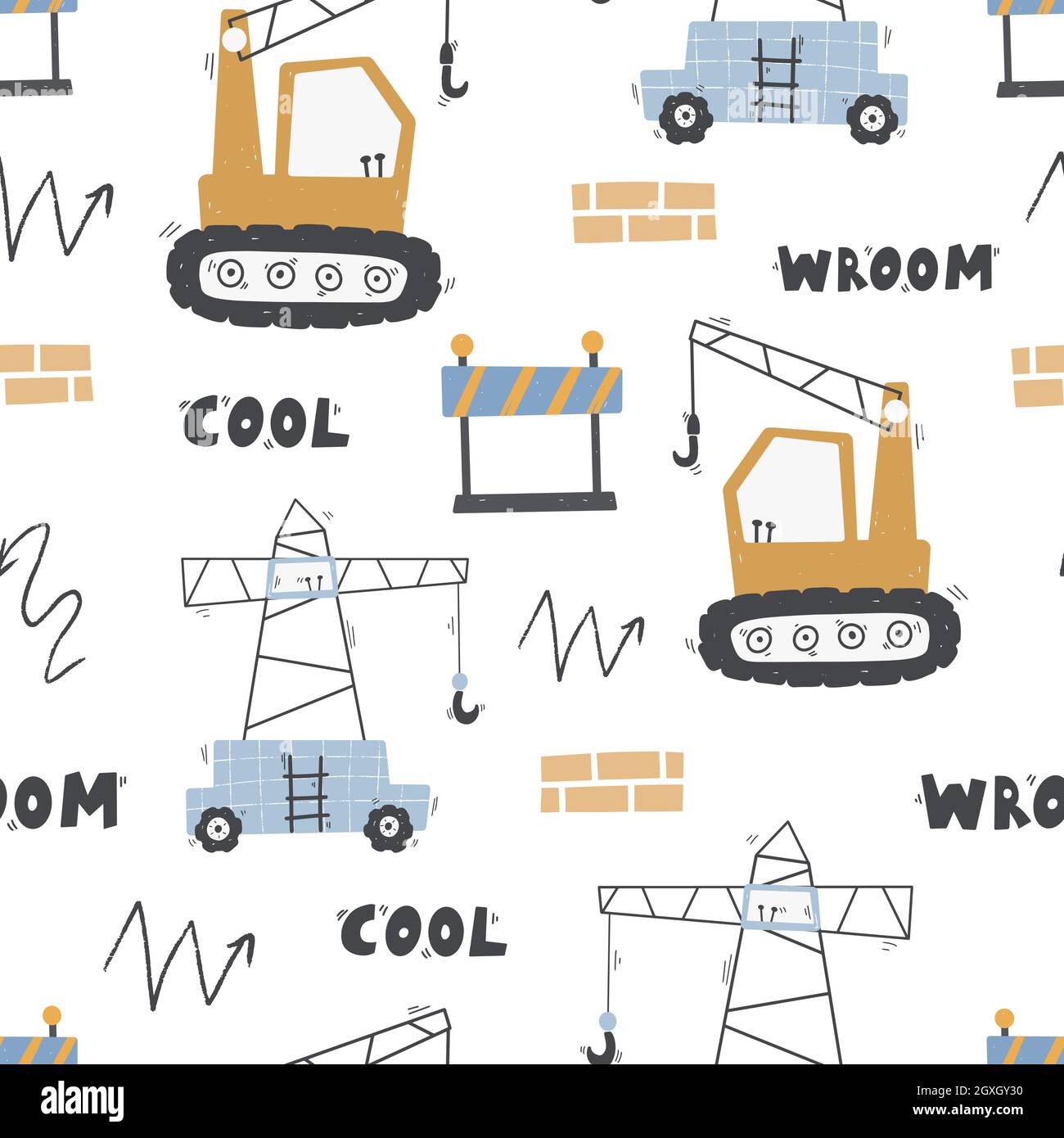 Cute children's seamless pattern with trucks and diggers in Scandinavian style on a white background. Building equipment. Funny construction transport Stock Vector