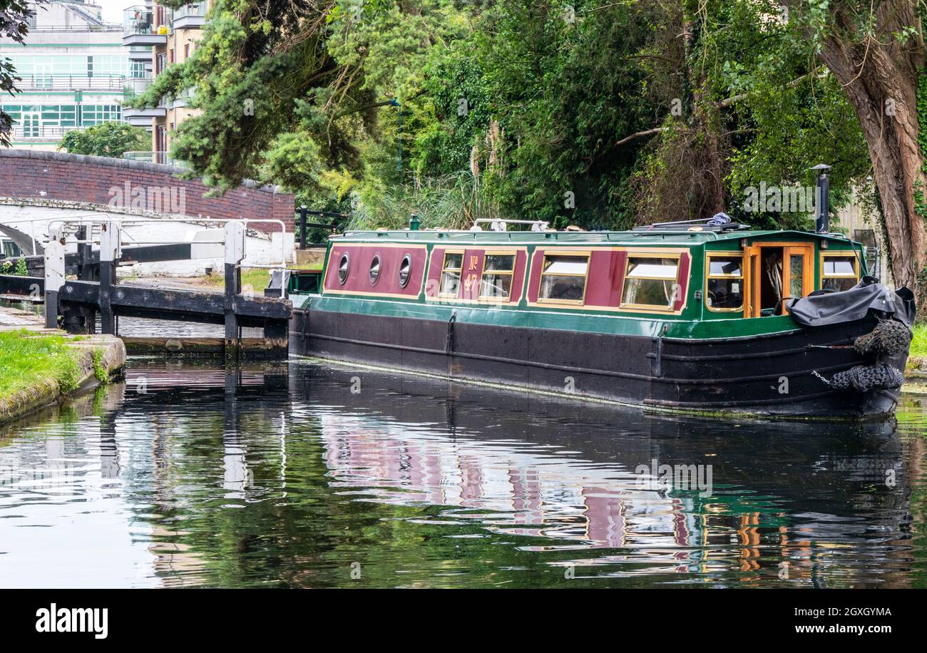 Narrowboat leaving Uxbridge Lock on the Grand Union Canal, Middlesex