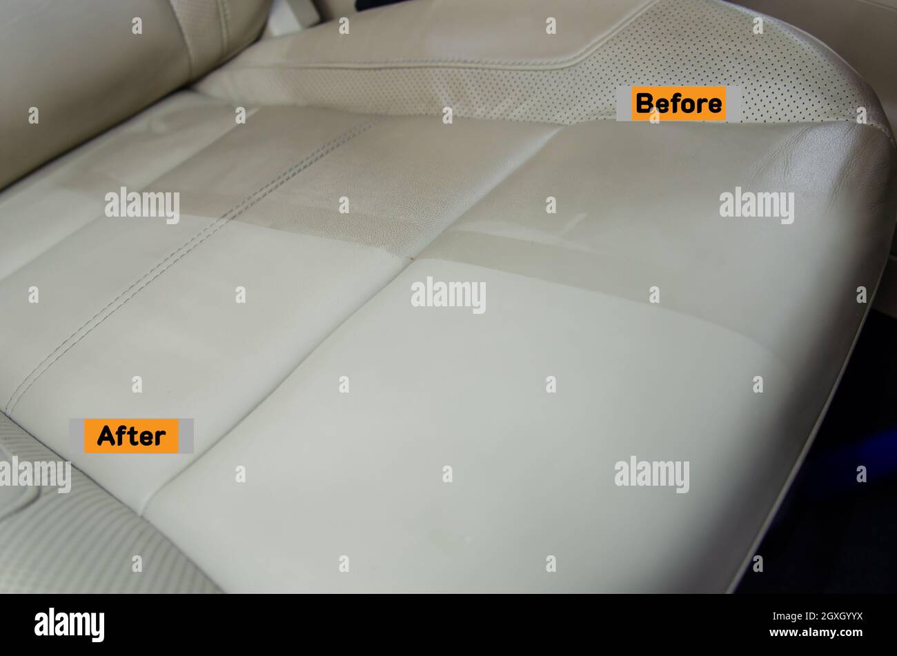 Before and after the leather seat cleaning service Stock Photo Alamy