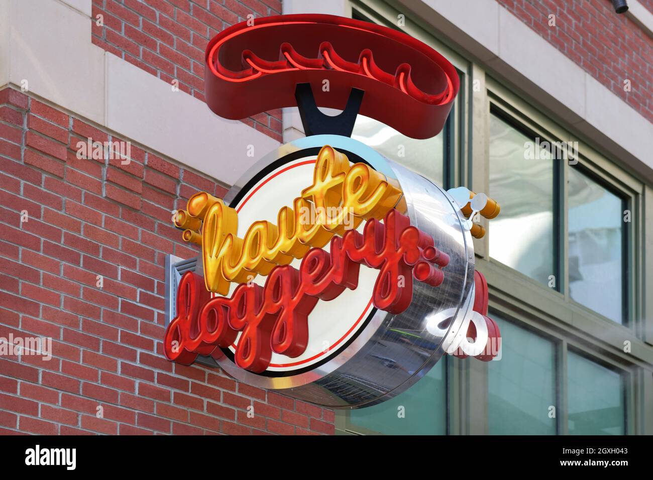Nevada USA, 09-05-21 This is the illuminated sign for the Haute Doggery hot dog stand located on The Linq Promenade in Las Vegas. Stock Photo