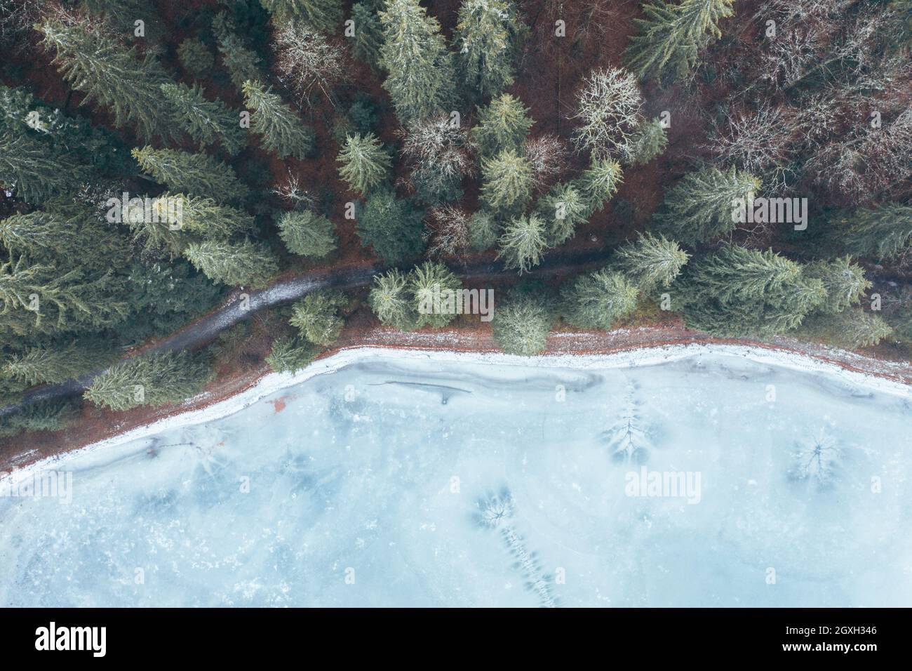 aerial view from a drone of a forest in the snow, and a frozen icy lake ...