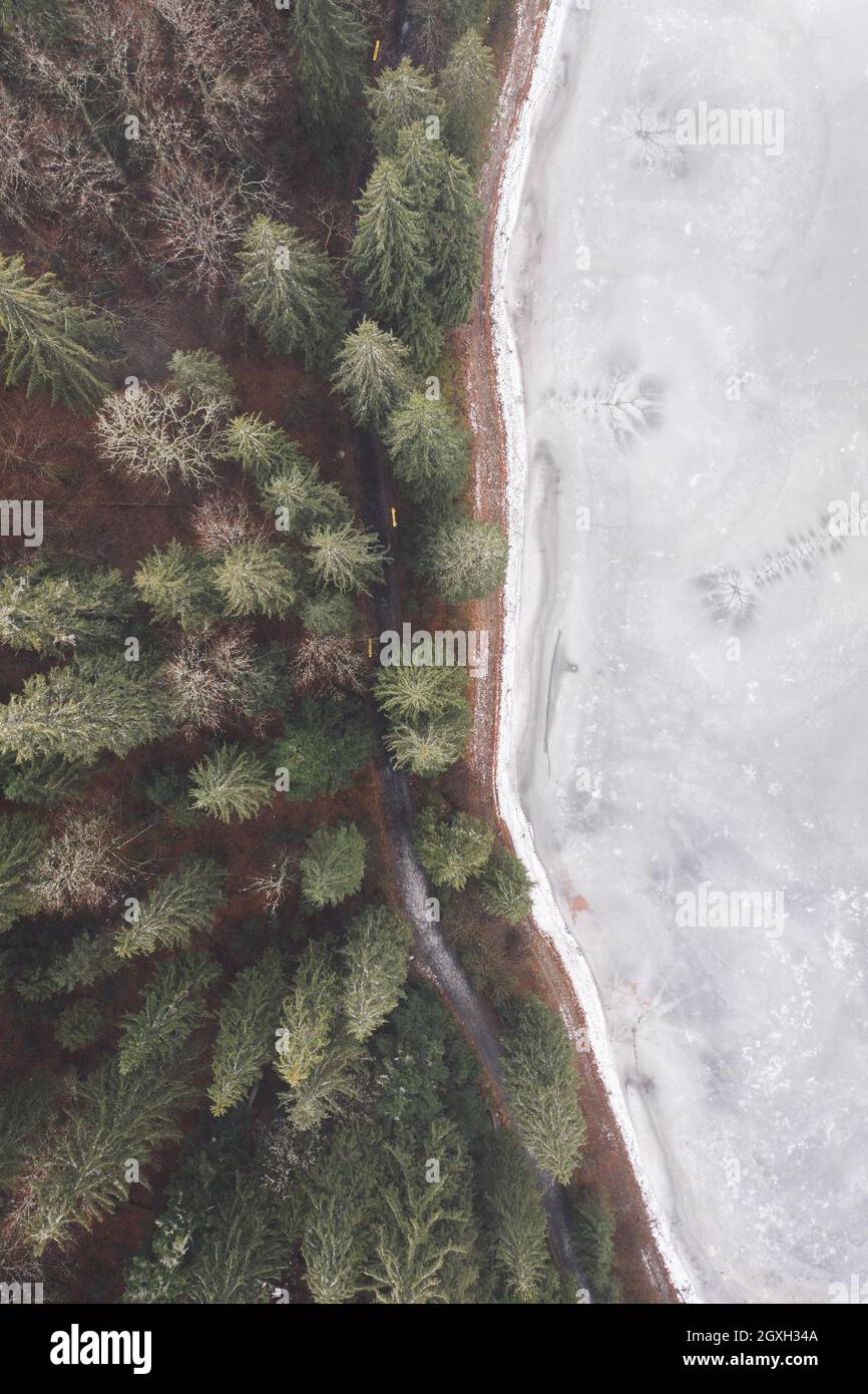 aerial view from a drone of a forest in the snow, and a frozen icy lake ...