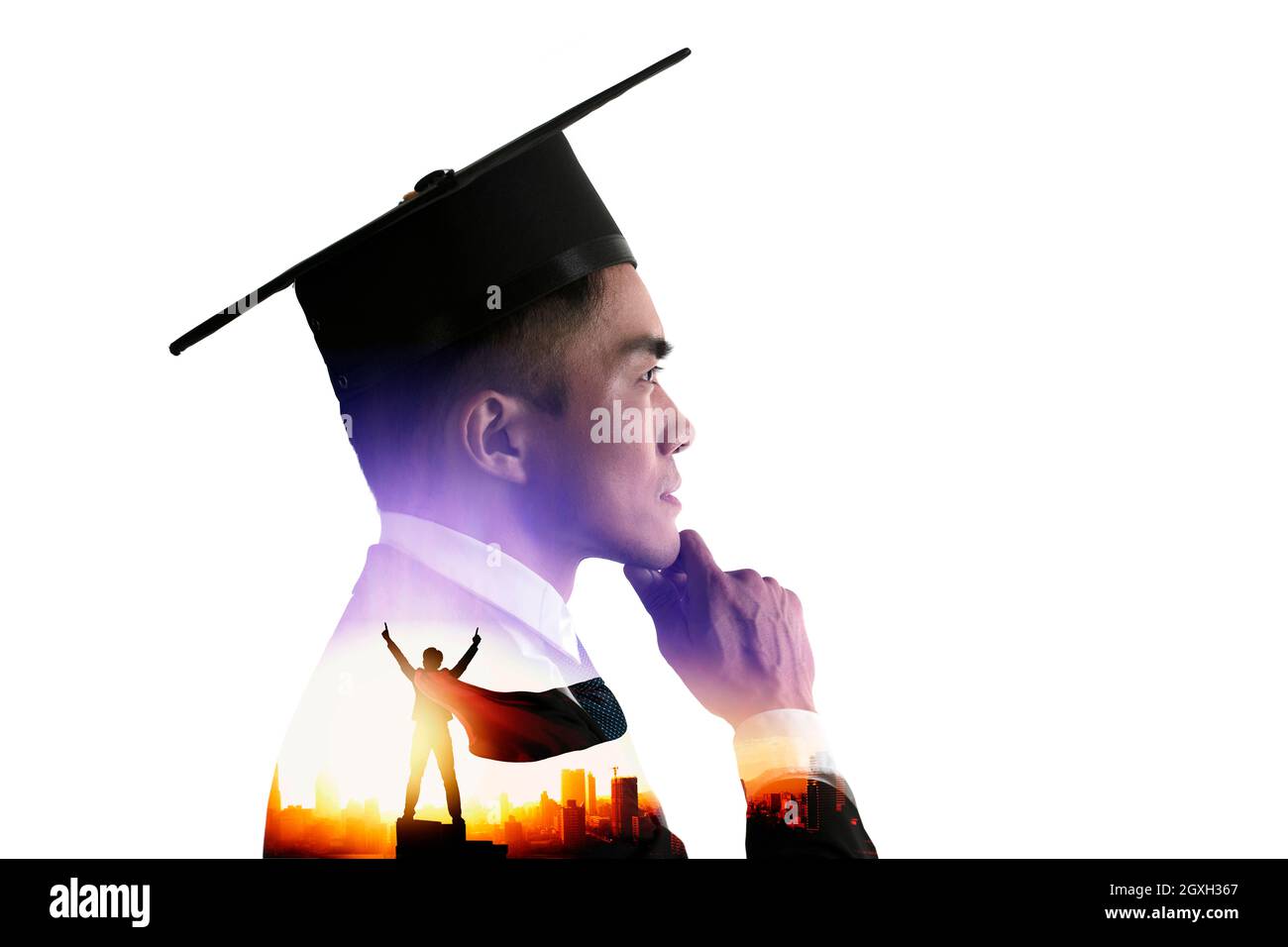 Side view of confident young graduation man face with knowledge is ...