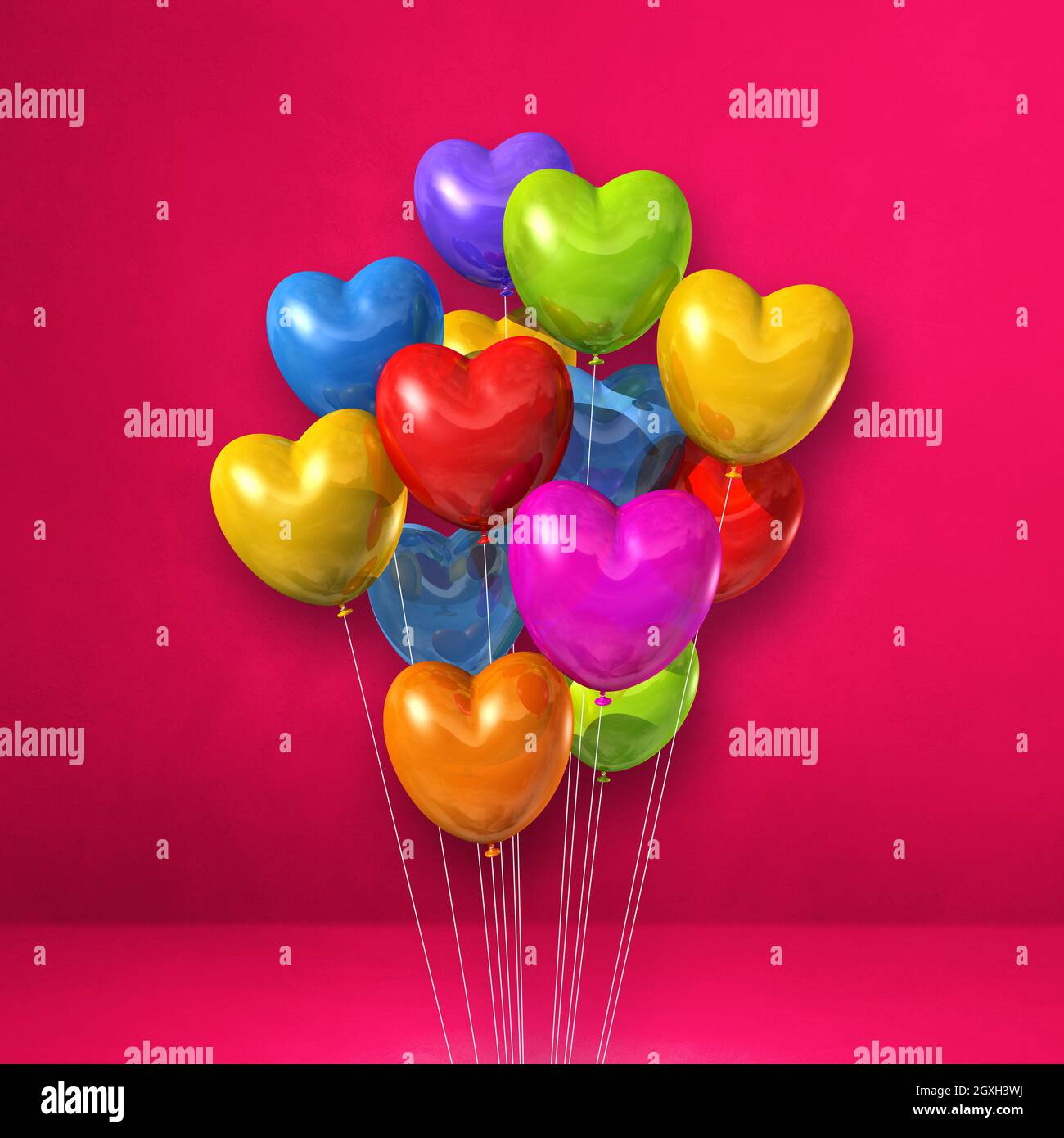 Colorful heart shape balloons bunch on a pink wall background. 3D ...