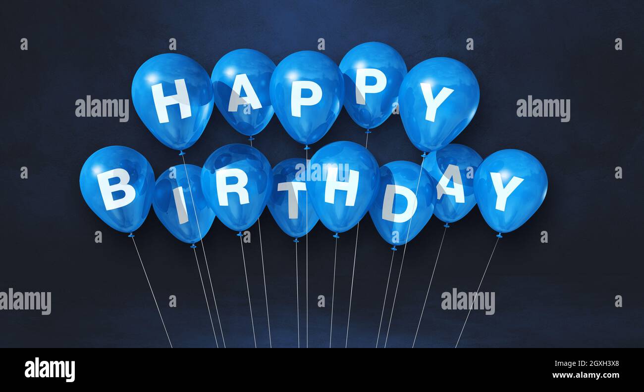 Blue happy birthday air balloons on a black background scene ...