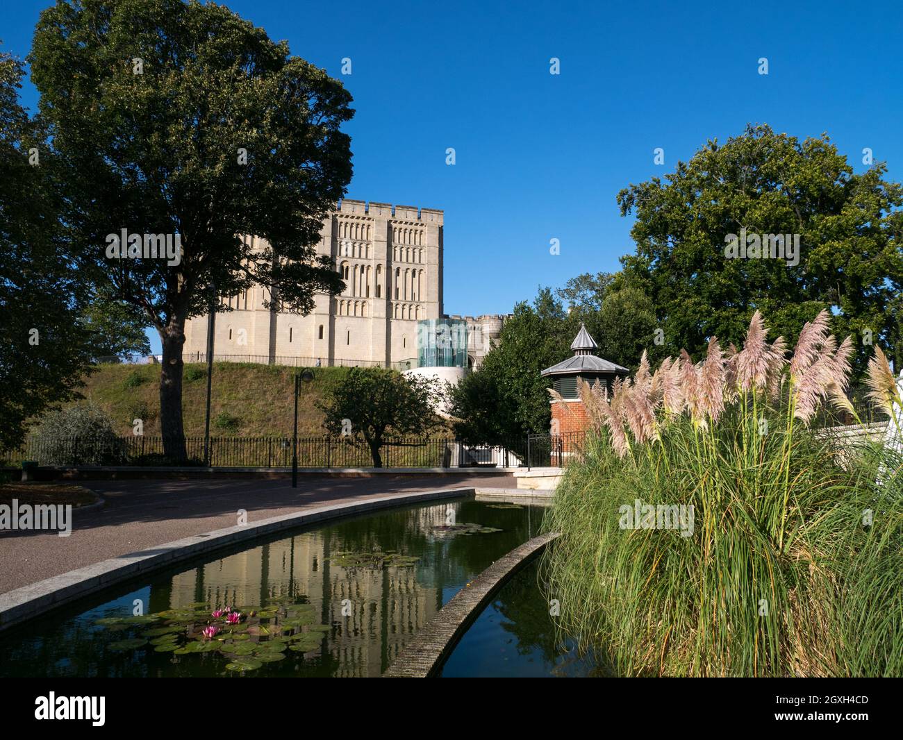 Norwich Castle Gardens, with The Castle viewed over water feature