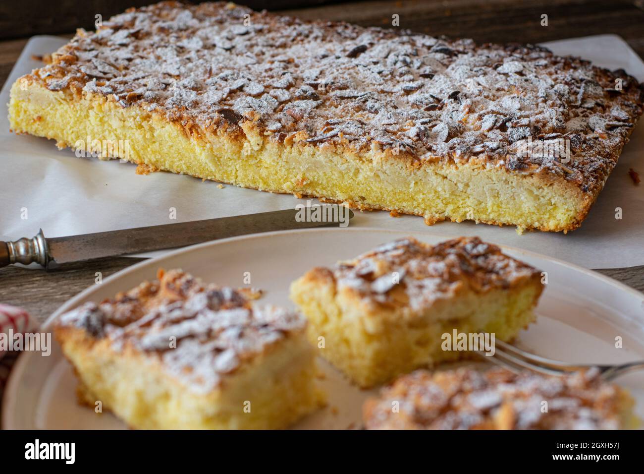 Almond cake with crumbles. Delicious homemade sheet cake Stock Photo