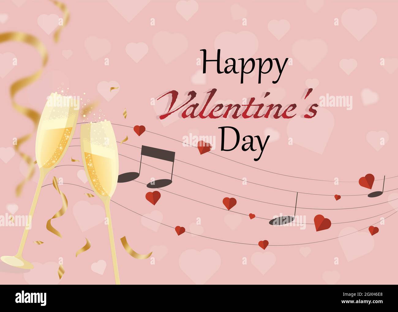 Posters sale discount for valentine's day with Heart, Champagne glass and romantic sheet music notes. Stock Vector