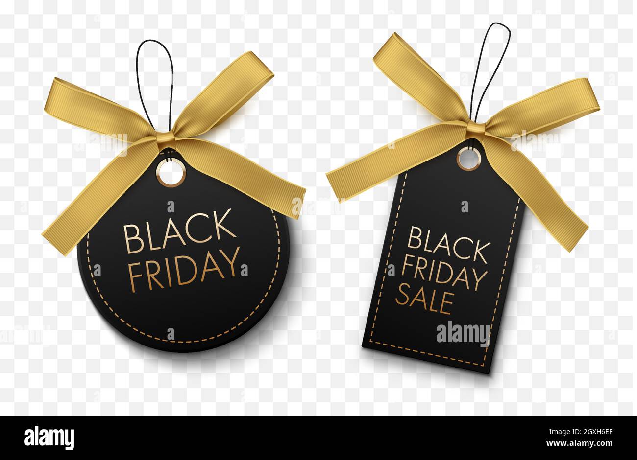 Black Friday sale black labels with gold bow isolated on white background. Vector tags Stock Vector
