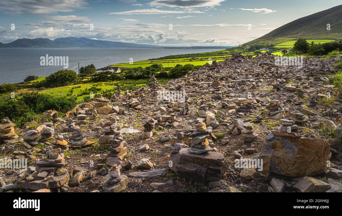 Field with many rock piles, stone stacking or rock balancing called