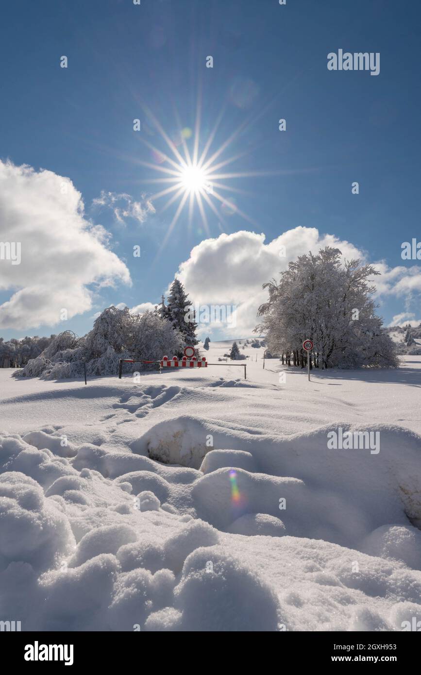 Beautiful winter wonderland in the mountains of Rhön with meadows and trees covered with snow and ice during a cold but sunny day in winter Stock Photo