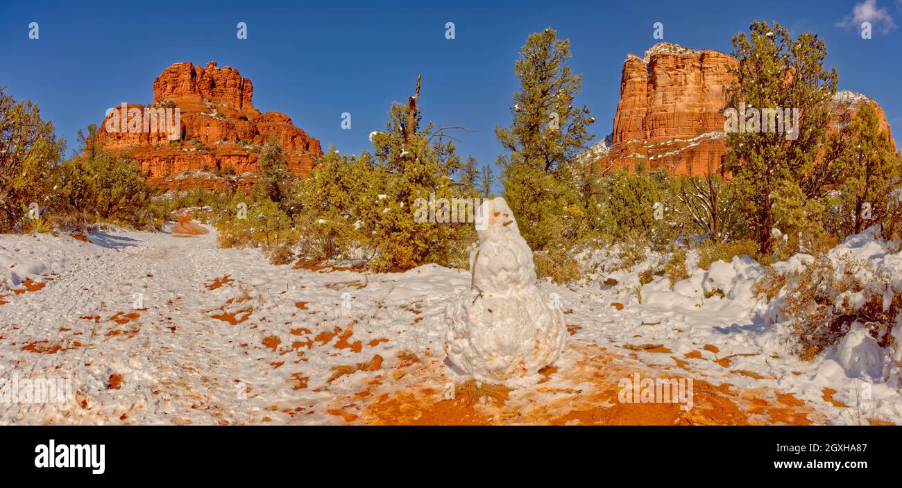 A snowman that was made along the Bell Rock Path in Sedona Arizona. This is public land. No property release is needed. Stock Photo