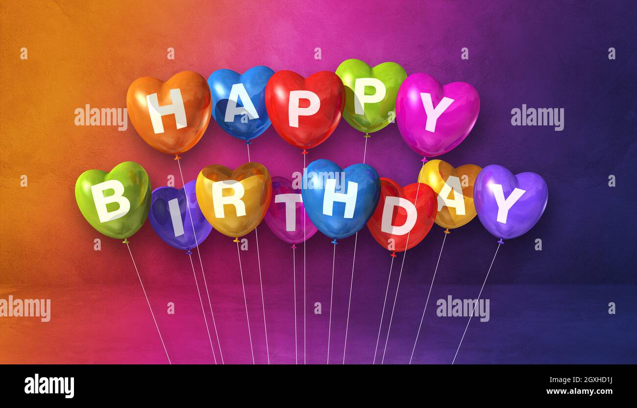 Colorful happy birthday heart shape air balloons on a rainbow ...