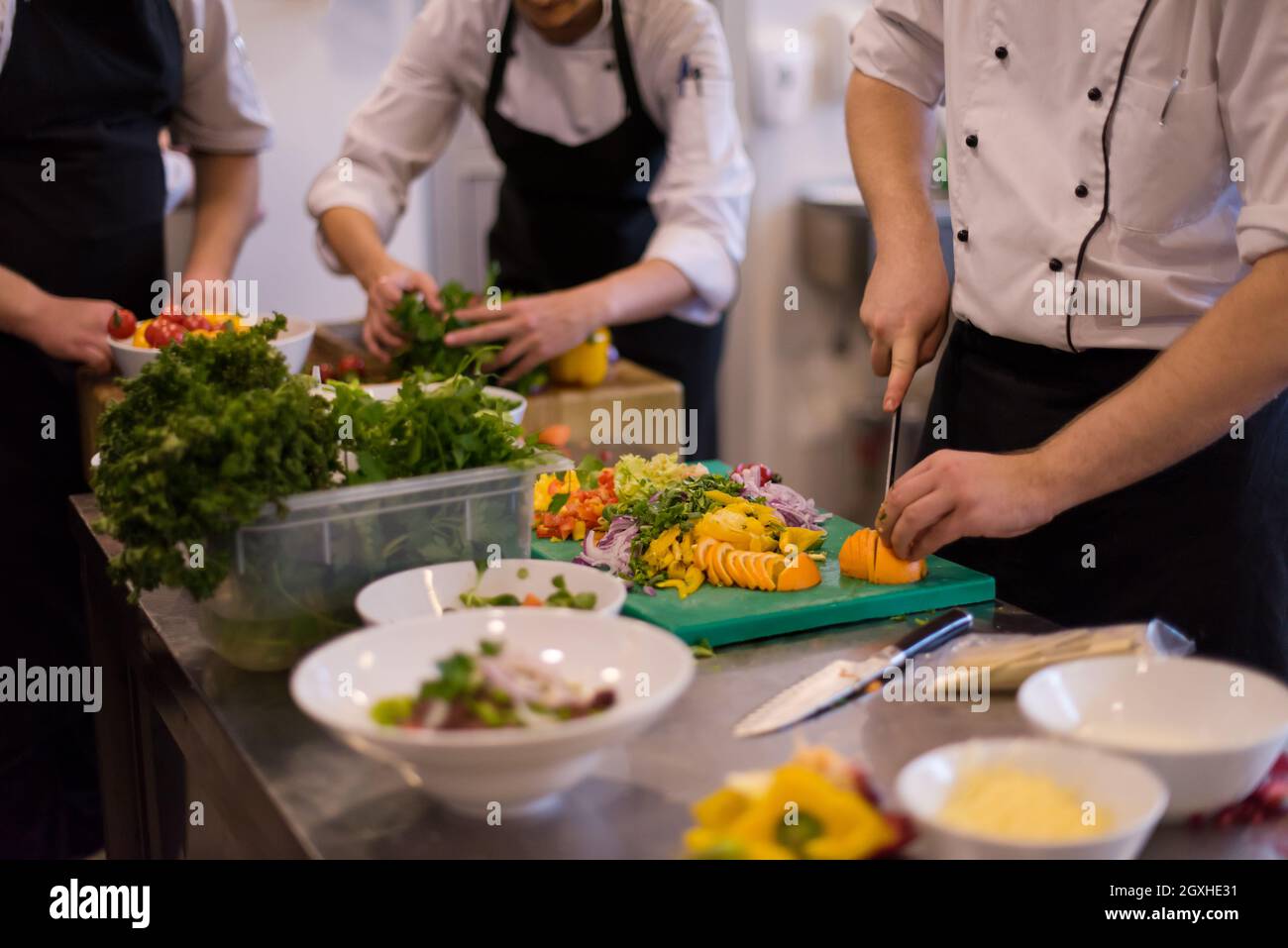 Professional team cooks and chefs preparing meal at busy hotel or ...