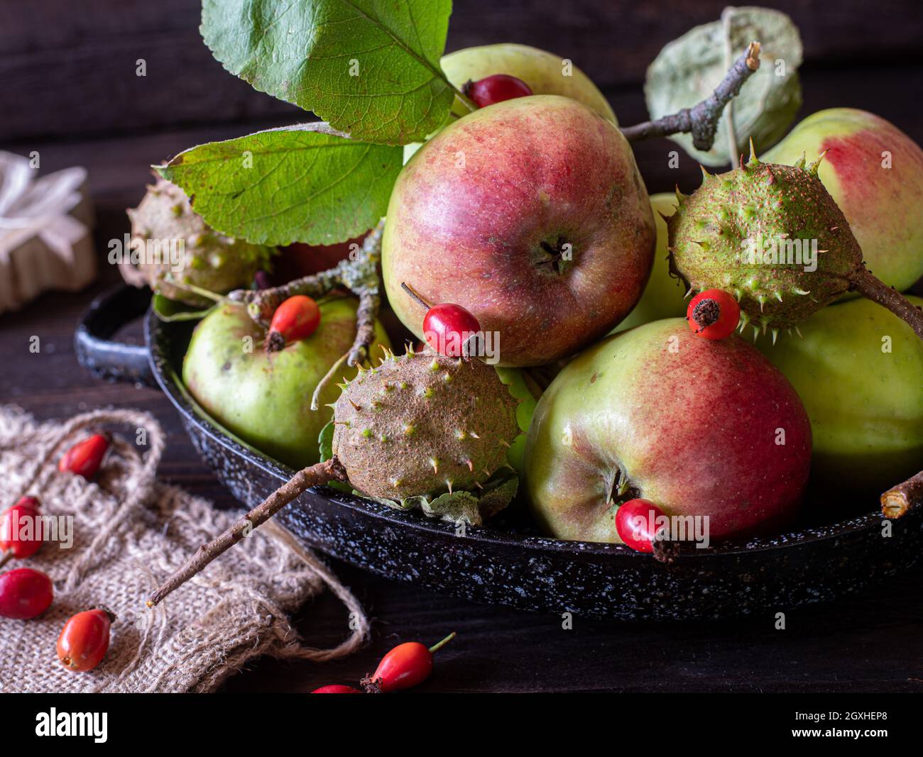 Wild food such as wild apples, sweet chestnuts, and rosehips on wooden table. Stock Photo