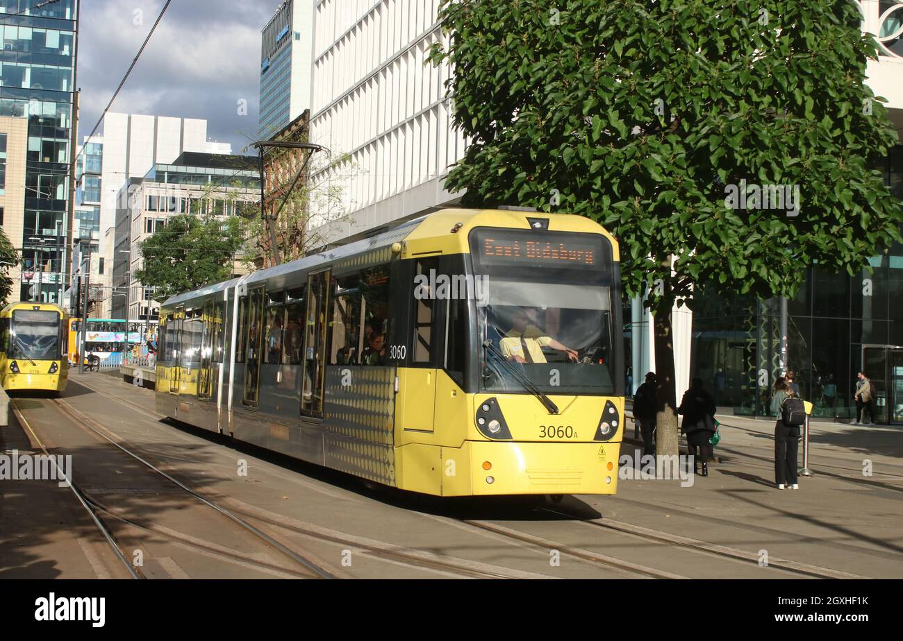 Manchester Metrolink Bombardier M5000 tram, number 3060, at the tram stop in St Peter's Square with a service to East Didsbury on 22nd September 2021. Stock Photo