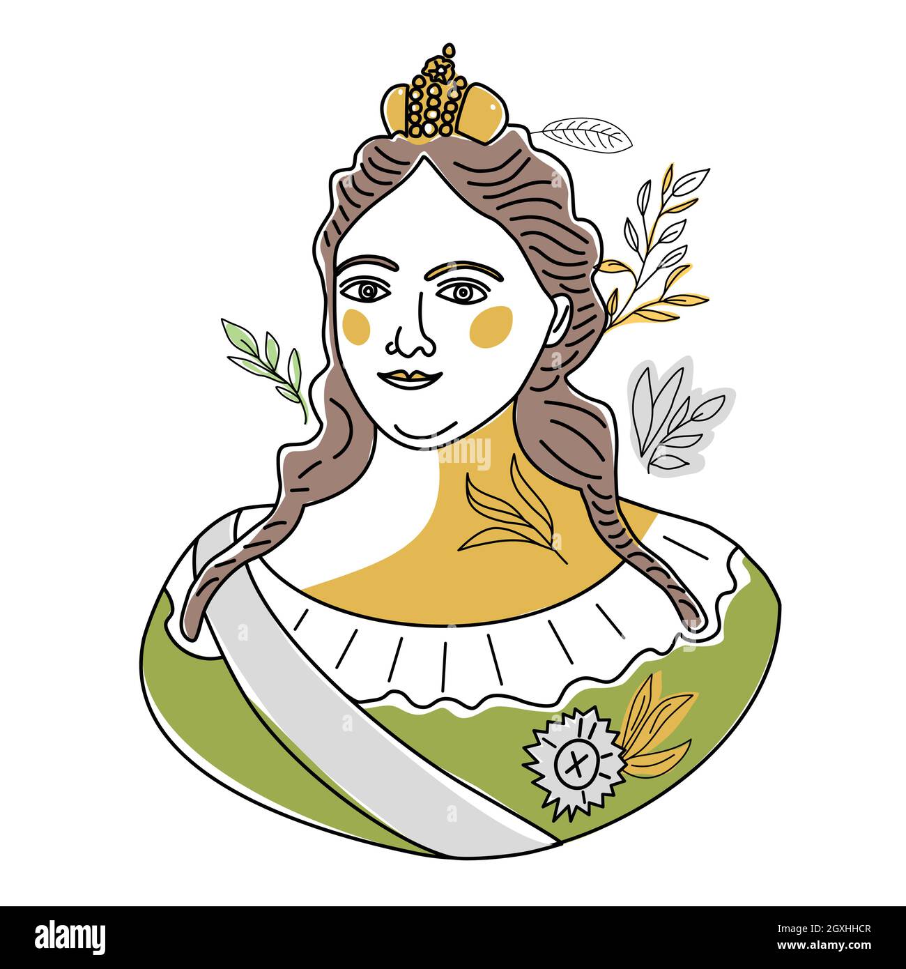 Trend line Illustration of Anna Ioannovna Romanova, niece of Peter the Great and empress of Russian empire. Portrait of historical figure woman in Stock Vector