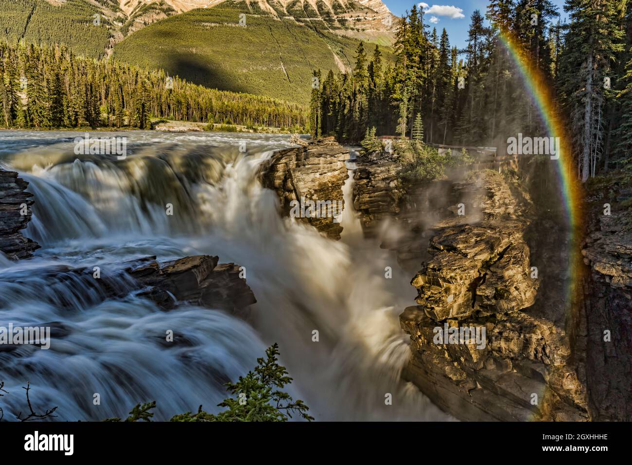 A sideways rainbow at Athabasca Falls, Alberta, Canada. Stock Photo